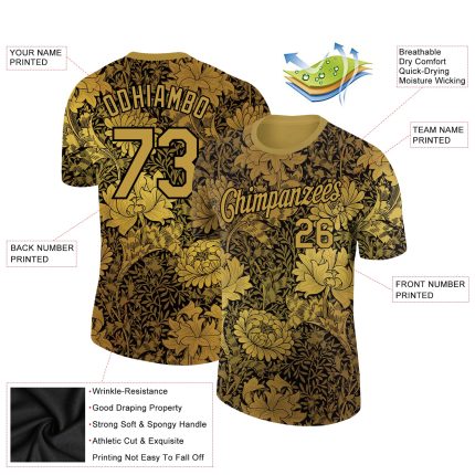 Personalized Old Gold Black 3D Pattern Floral Design Performance T-Shirt Team Custom Name and Number