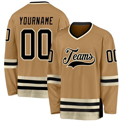 Personalized Old Gold Black-Cream Hockey Jersey Team Custom Name and Number