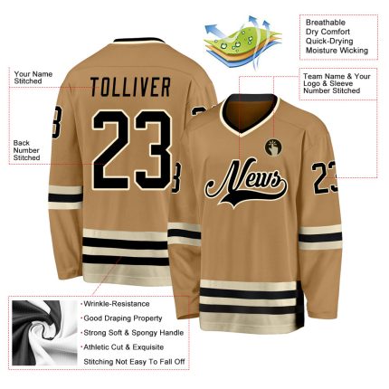 Personalized Old Gold Black-Cream Hockey Jersey Team Custom Name and Number