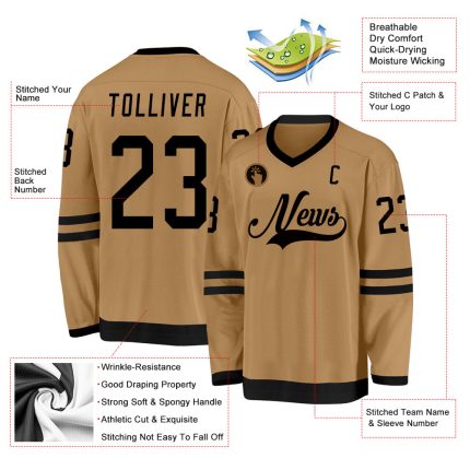 Personalized Old Gold Black Hockey Jersey Team Custom Name and Number