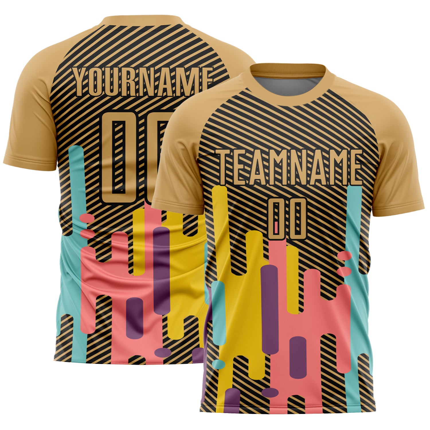 Personalized Old Gold Black Lines Sublimation Soccer Uniform Jersey Team Custom Name and Number