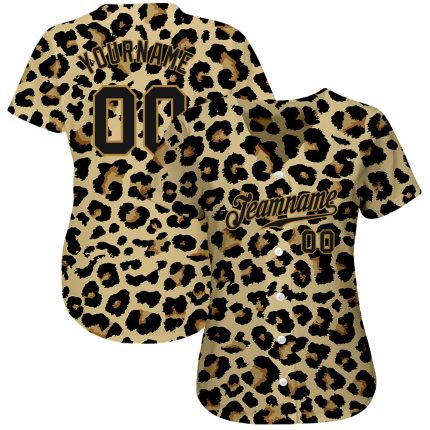 Personalized Old Gold Black-Old Gold 3D Pattern Design Leopard Authentic Baseball Jersey