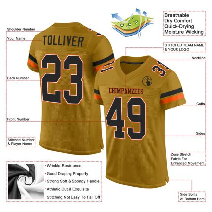 Personalized Old Gold Black-Orange Mesh Authentic Football Jersey Team Custom Name and Number