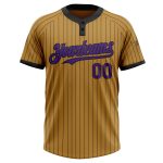 Personalized Old Gold Black Pinstripe Purple Two-Button Unisex Softball Jersey Team Custom Name and Number