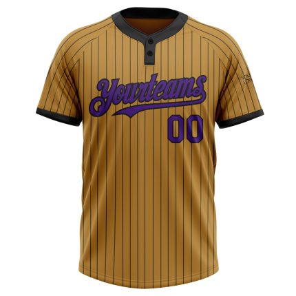 Personalized Old Gold Black Pinstripe Purple Two-Button Unisex Softball Jersey Team Custom Name and Number