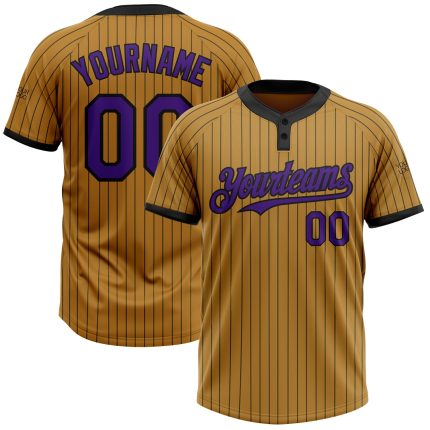 Personalized Old Gold Black Pinstripe Purple Two-Button Unisex Softball Jersey Team Custom Name and Number