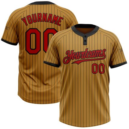 Personalized Old Gold Black Pinstripe Red Two-Button Unisex Softball Jersey Team Custom Name and Number