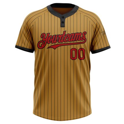 Personalized Old Gold Black Pinstripe Red Two-Button Unisex Softball Jersey Team Custom Name and Number