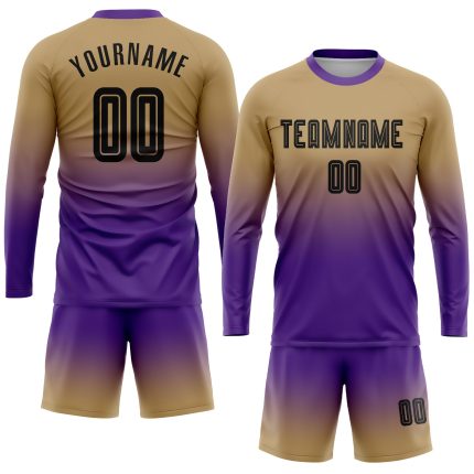 Personalized Old Gold Black-Purple Sublimation Long Sleeve Fade Fashion Soccer Uniform Jersey Team Custom Name and Number