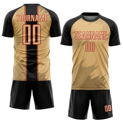 Custom Soccer Uniform Jersey with Personalized Name & Number - Old Gold Black-Red Sharp Shapes Design Personalized Old Gold
