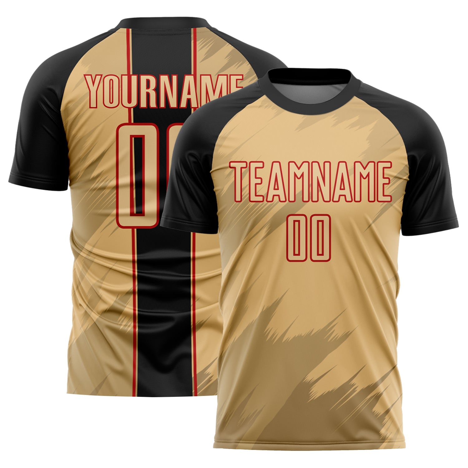 Custom Soccer Uniform Jersey with Personalized Name & Number - Old Gold Black-Red Sharp Shapes Design Personalized Old Gold