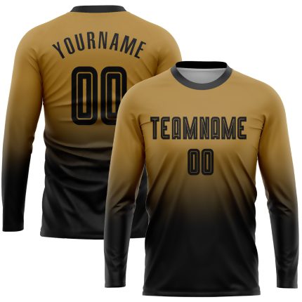 Personalized Old Gold Black Sublimation Long Sleeve Fade Fashion Soccer Uniform Jersey Team Custom Name and Number