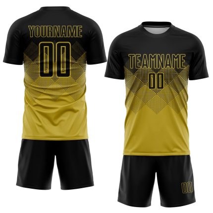 Personalized Old Gold Black Soccer Uniform Jersey - Custom Sublimation Kit Personalized Old Gold Black Sublimation Soccer