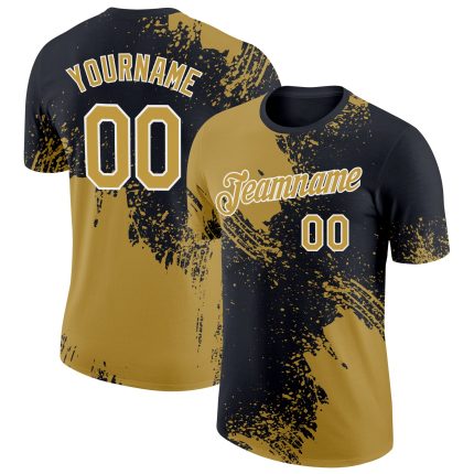 Personalized Old Gold Black-White 3D Pattern Design Abstract Brush Stroke Performance T-Shirt Team Custom Name and Number
