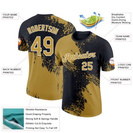 Personalized Old Gold Black-White 3D Pattern Design Abstract Brush Stroke Performance T-Shirt Team Custom Name and Number