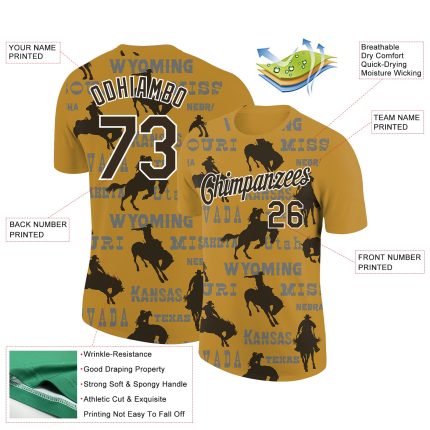 Personalized Old Gold Black-White 3D Pattern Design Cowboy Rodeo Performance T-Shirt Team Custom Name and Number
