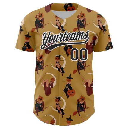 Personalized Old Gold Black-White 3D Pattern Halloween Authentic Baseball Jersey Team Custom Name and Number
