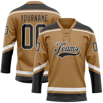 Personalized Old Gold Black-White Hockey Lace Neck Jersey Team Custom Name and Number