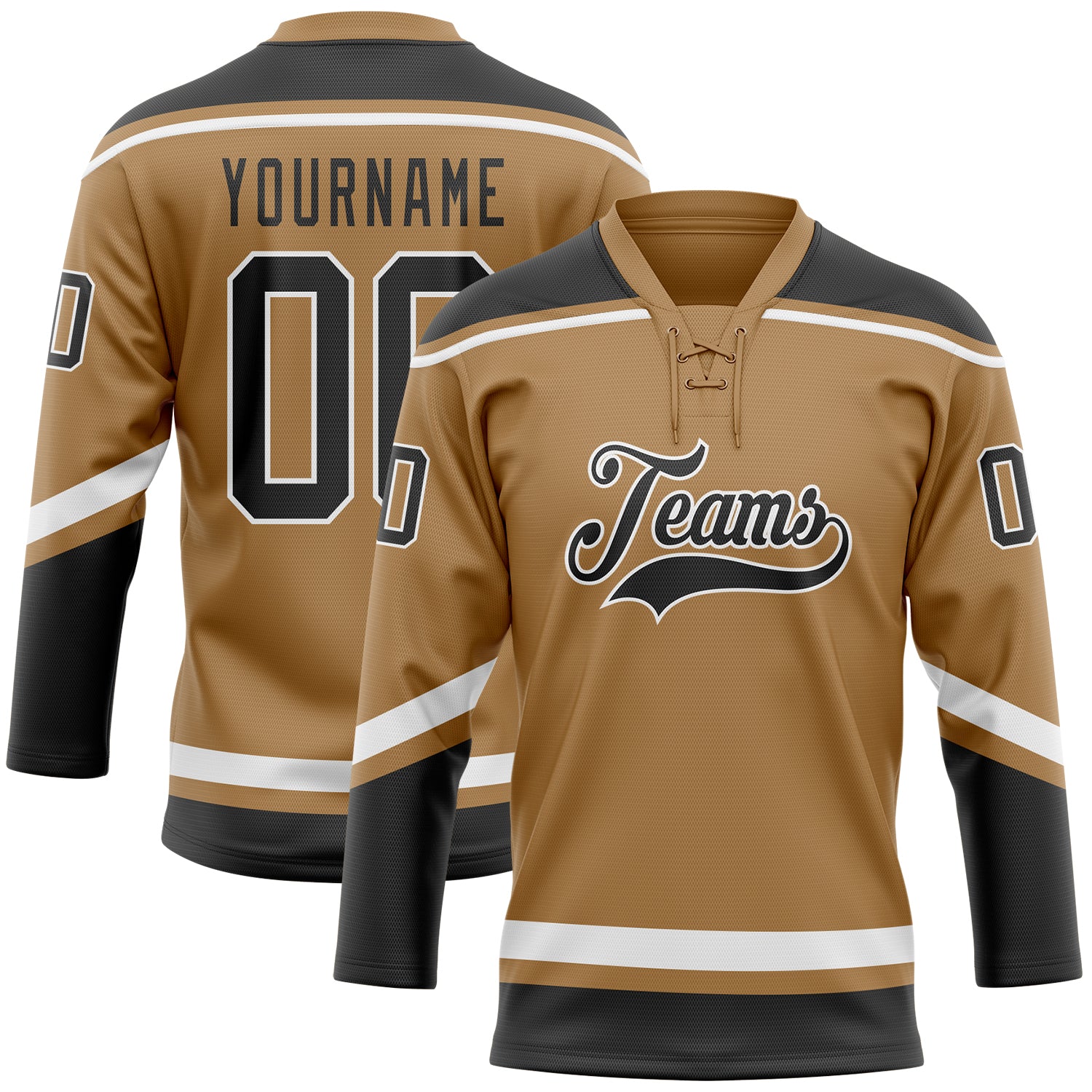 Personalized Old Gold Black-White Hockey Lace Neck Jersey Team Custom Name and Number