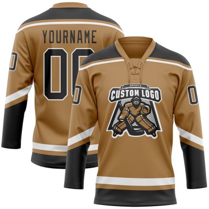 Personalized Old Gold Black-White Hockey Lace Neck Jersey Team Custom Name and Number
