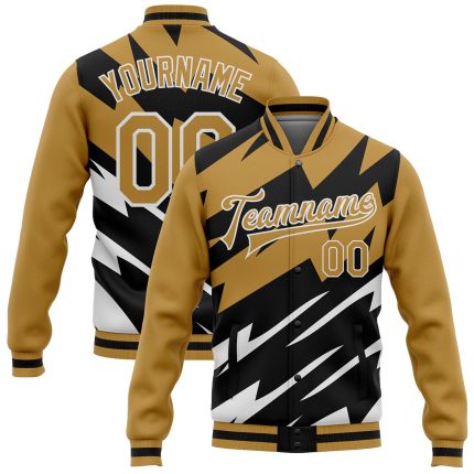 Personalized Old Gold Black-White Lightning 3D Pattern Design Bomber Full-Snap Varsity Letterman Jacket Team Custom Name and Number