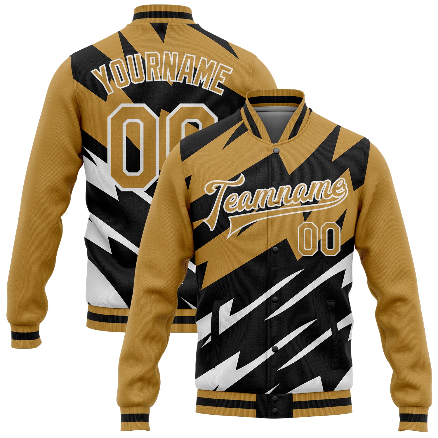 Personalized Old Gold Black-White Lightning 3D Pattern Design Bomber Full-Snap Varsity Letterman Jacket Team Custom Name and Number