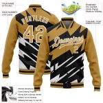 Personalized Old Gold Black-White Lightning 3D Pattern Design Bomber Full-Snap Varsity Letterman Jacket Team Custom Name and Number