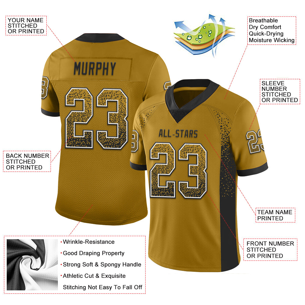 Personalized Old Gold Black-White Mesh Drift Fashion Football Jersey Team Custom Name and Number Personalized Old Gold Black-White Mesh Drift Fashion Football Jersey Team Custom Name and Number - Image 3