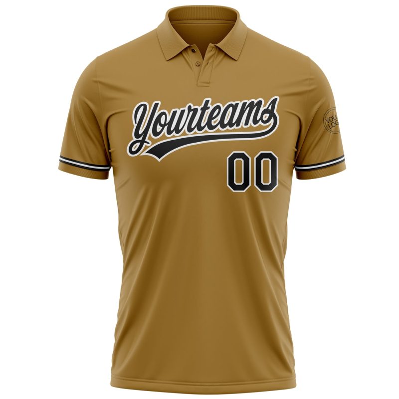 Personalized Old Gold Black-White Performance Vapor Golf Polo Shirt Team Custom Name and Number