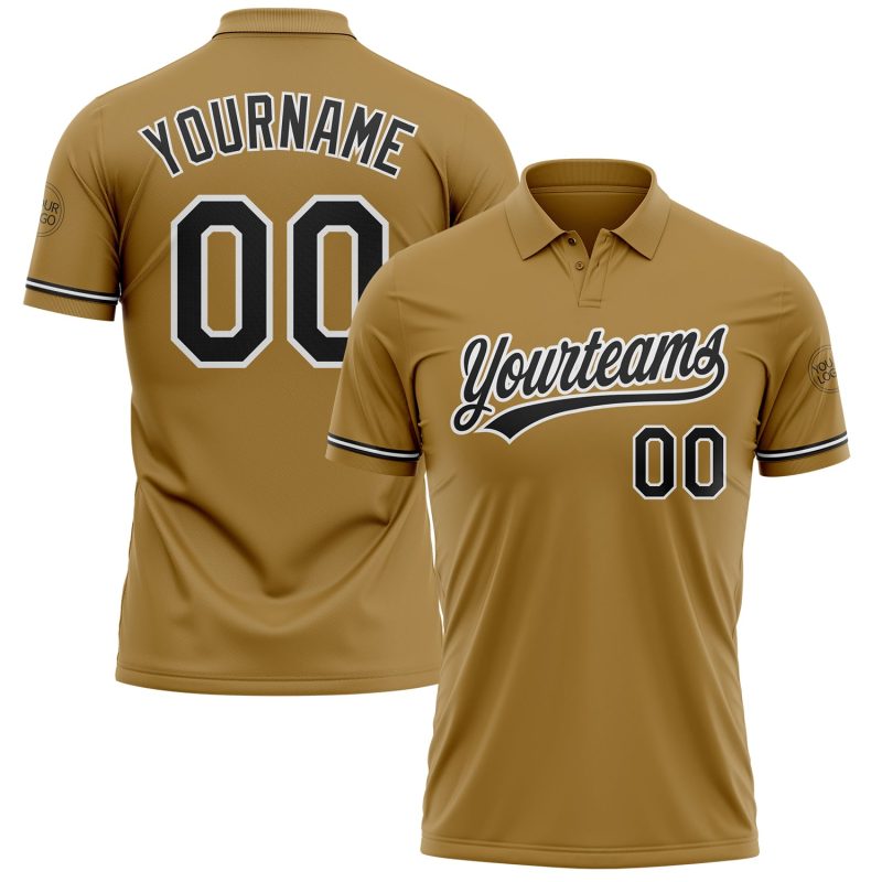 Personalized Old Gold Black-White Performance Vapor Golf Polo Shirt Team Custom Name and Number