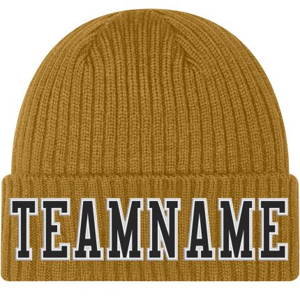 Personalized Old Gold Black-White Stitched Cuffed Knit Hat Team Custom Name and Number