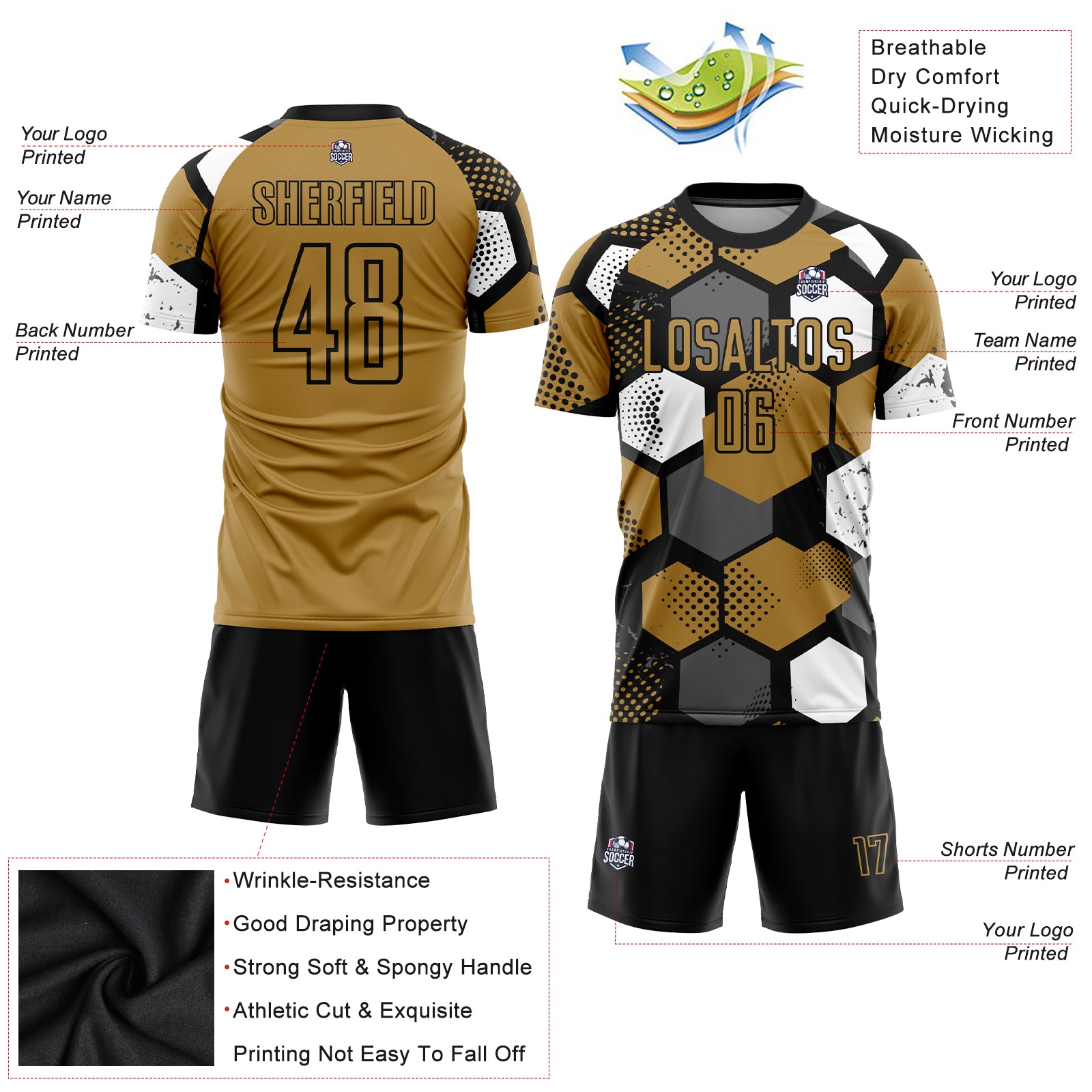 Personalized Old Gold Black-White Sublimation Soccer Uniform Jersey Team Custom Name and Number Personalized Old Gold Black-White Sublimation Soccer Uniform Jersey Team Custom Name and Number - Image 3