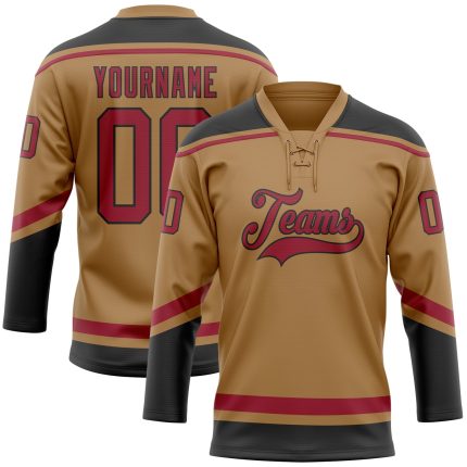 Personalized Old Gold Cardinal-Black Hockey Lace Neck Jersey Team Custom Name and Number
