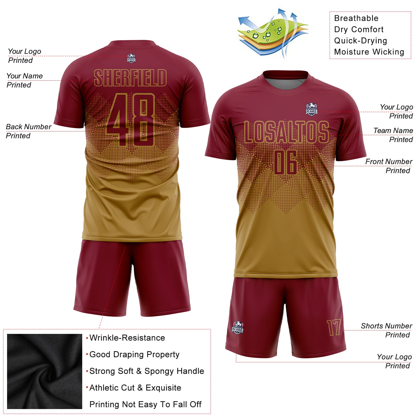 Personalized Old Gold Crimson Sublimation Soccer Uniform Jersey Team Custom Name and Number Custom Name and Number Personalized Old Gold Crimson Soccer Uniform Jersey - Sublimation Team Gear Personalized Old Gold - Image 3