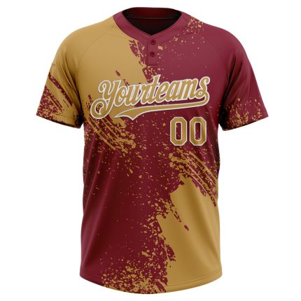 Personalized Old Gold Crimson-White 3D Pattern Abstract Brush Stroke Two-Button Unisex Softball Jersey Team Custom Name and Number