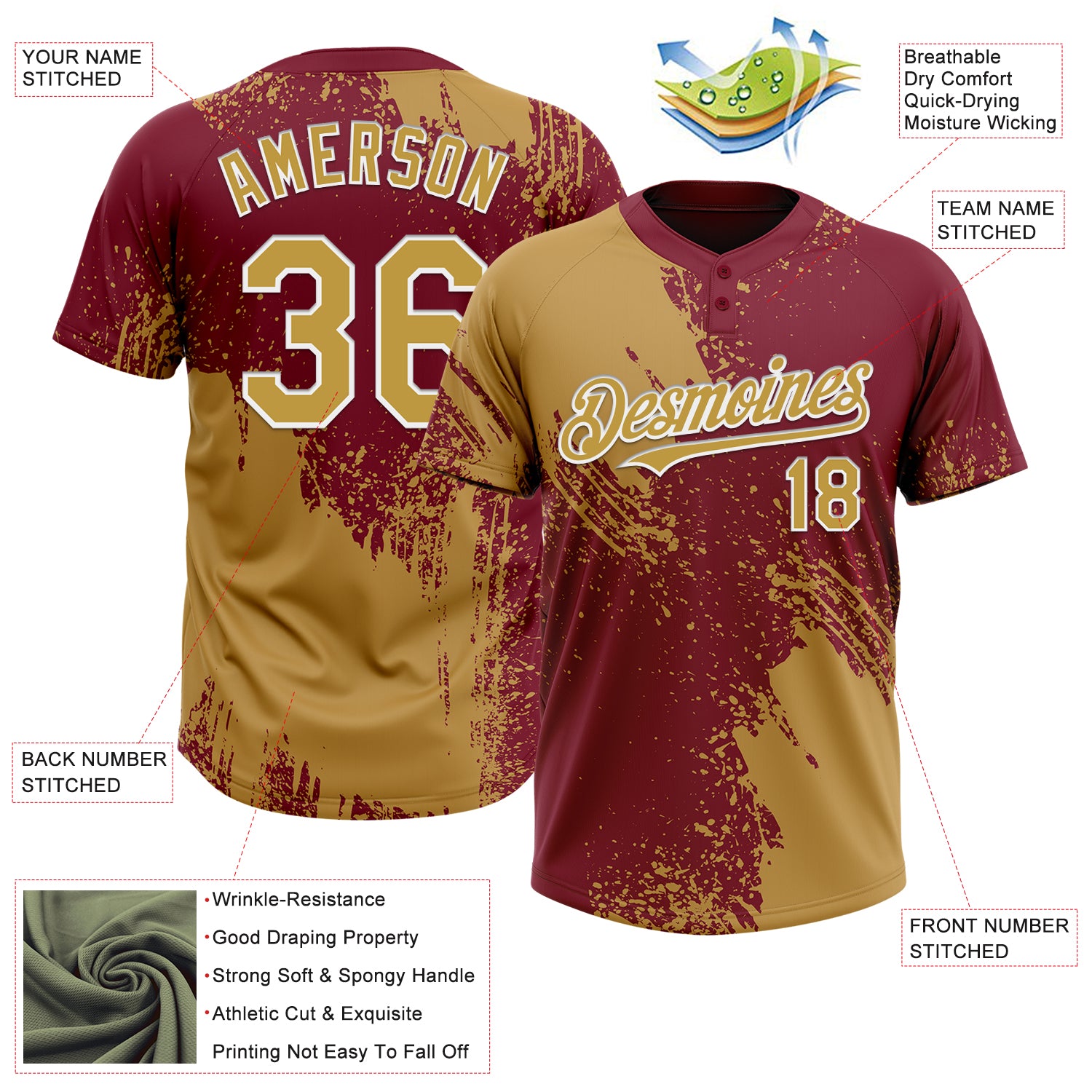 Personalized Old Gold Crimson-White 3D Pattern Abstract Brush Stroke Two-Button Unisex Softball Jersey Team Custom Name and Number Personalized Old Gold Crimson-White 3D Pattern Abstract Brush Stroke Two-Button Unisex Softball Jersey Team Custom Name and Number - Image 3