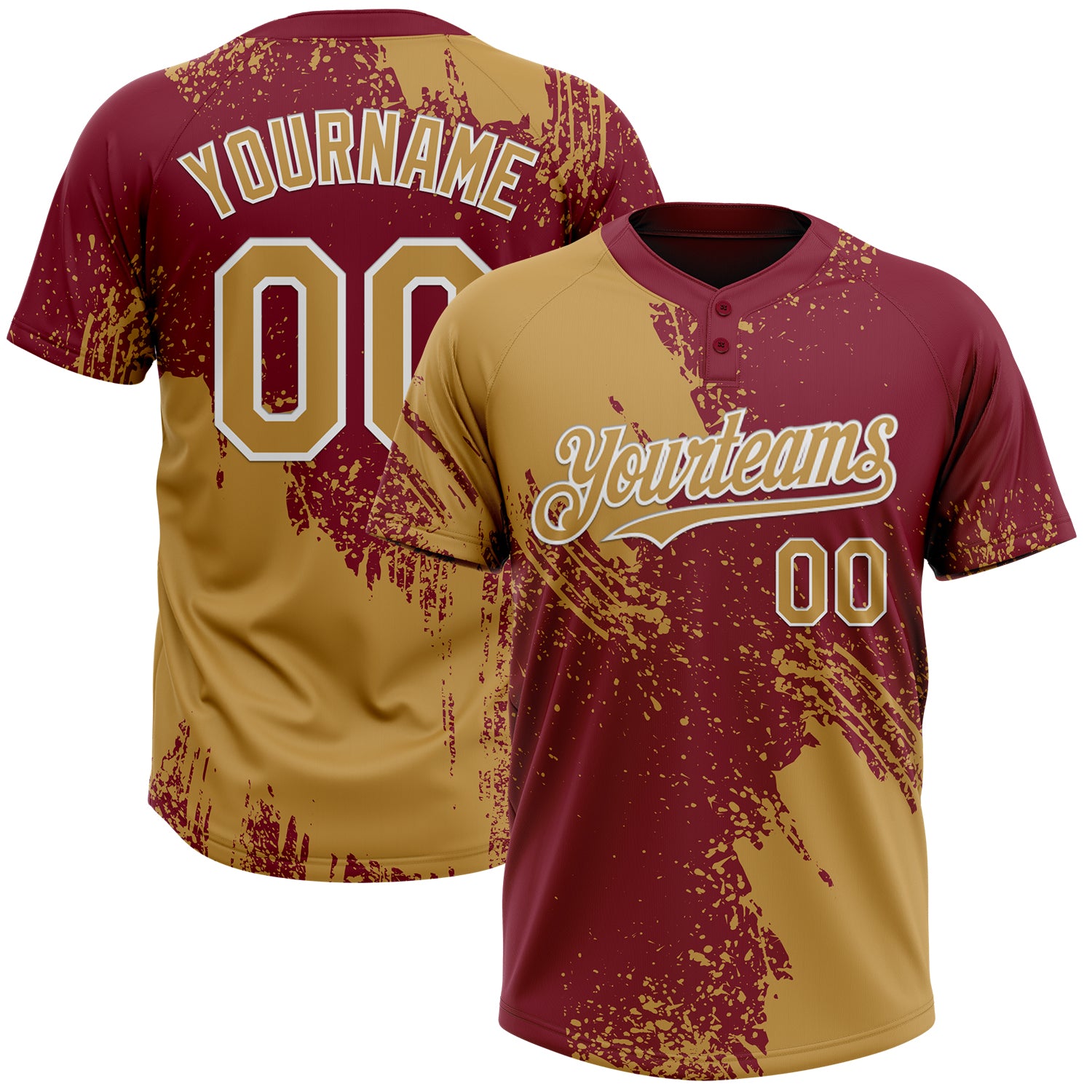 Personalized Old Gold Crimson-White 3D Pattern Abstract Brush Stroke Two-Button Unisex Softball Jersey Team Custom Name and Number