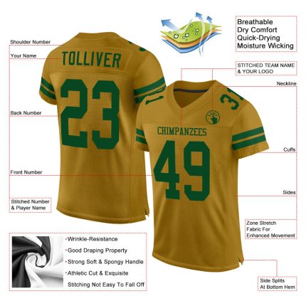 Personalized Old Gold Green Mesh Authentic Football Jersey Team Custom Name and Number