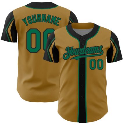 Personalized Old Gold Kelly Green-Black 3 Colors Arm Shapes Authentic Baseball Jersey Team Custom Name and Number