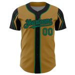 Personalized Old Gold Kelly Green-Black 3 Colors Arm Shapes Authentic Baseball Jersey Team Custom Name and Number