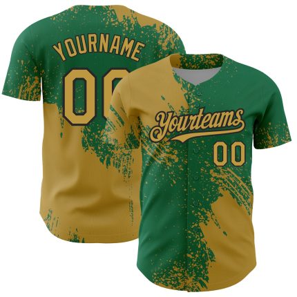 Personalized Old Gold Kelly Green-Black 3D Pattern Design Abstract Brush Stroke Authentic Baseball Jersey Team Custom Name and Number