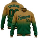 Personalized Old Gold Kelly Green-Black Bomber Full-Snap Varsity Letterman Fade Fashion Jacket Team Custom Name and Number