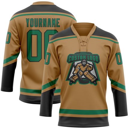 Personalized Old Gold Kelly Green-Black Hockey Lace Neck Jersey Team Custom Name and Number
