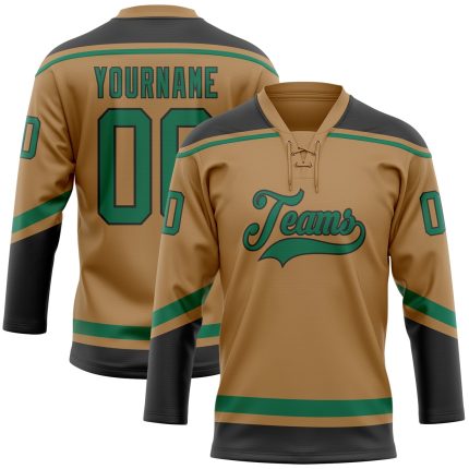 Personalized Old Gold Kelly Green-Black Hockey Lace Neck Jersey Team Custom Name and Number