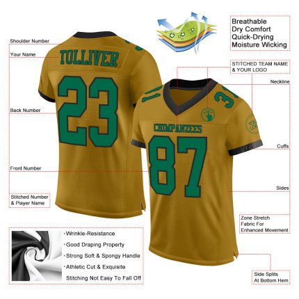 Personalized Old Gold Kelly Green-Black Mesh Authentic Football Jersey Team Custom Name and Number