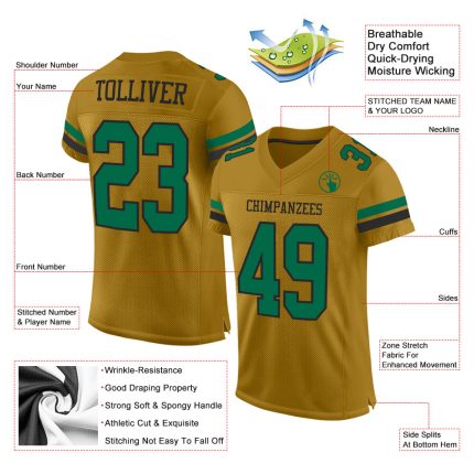 Personalized Old Gold Kelly Green-Black Mesh Authentic Football Jersey