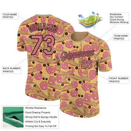 Personalized Old Gold Medium Pink-Black 3D Pattern Design Food Pizza Performance T-Shirt Team Custom Name and Number