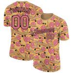 Personalized Old Gold Medium Pink-Black 3D Pattern Design Food Pizza Performance T-Shirt Team Custom Name and Number