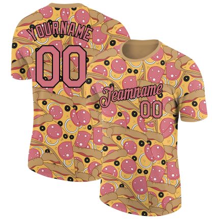 Personalized Old Gold Medium Pink-Black 3D Pattern Design Food Pizza Performance T-Shirt Team Custom Name and Number