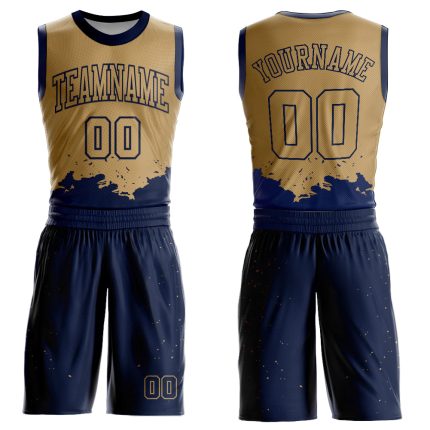 Personalized Old Gold Navy Color Splash Round Neck Sublimation Basketball Suit Jersey Team Custom Name and Number